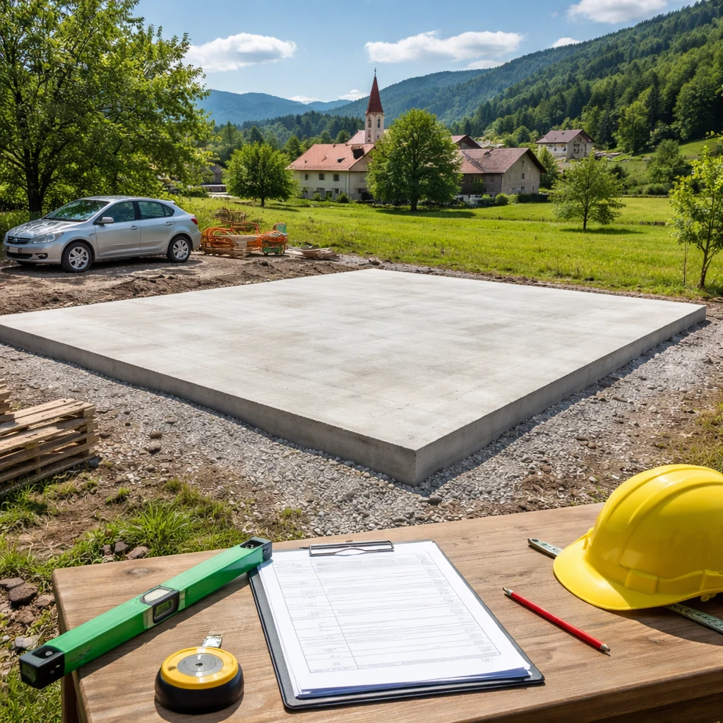 Prazna betonska plošča ob parkiranem avtomobilu kot ponazoritev načrtovanja