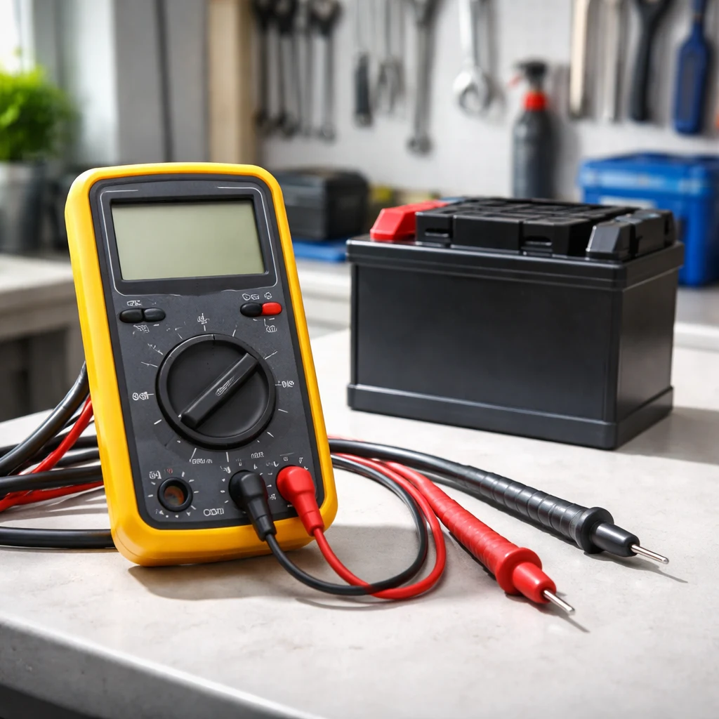 Multimeter s praznim zaslonom in ločenimi sondami ob zaprtem akumulatorju