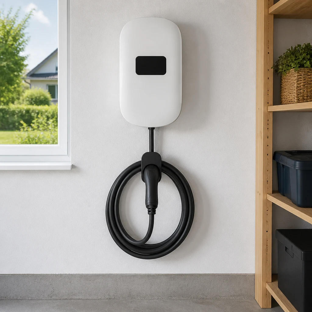 Stenska polnilnica za električni avtomobil s pospravljenim kablom v svetli garaži